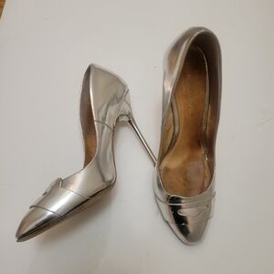 Kurt Geiger London Elm Penny loafer pumps metallic silver leather. Office Siren